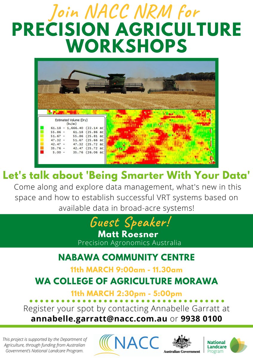 NACC (@nacc_nrm) on Twitter photo Are you looking to be 'Smarter With Your Data'? 🧠📊
Join us in Nabawa or Morawa where we can discuss #DataManagement & VRT systems in #BroadacreFarming!
We will be joined by guest speaker Matt Roesner from <a href="/PrecisionAgAus/">Precision Agronomics Australia</a>!
Book your spot ASAP! Are you looking to be 'Smarter With Your Data'? 🧠📊
Join us in Nabawa or Morawa where we can discuss #DataManagement & VRT systems in #BroadacreFarming!
We will be joined by guest speaker Matt Roesner from <a href="/PrecisionAgAus/">Precision Agronomics Australia</a>!
Book your spot ASAP!