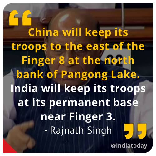 IndiaToday's tweet photo. In his #RajyaSabha address on the present situation in the #IndiaChinaBorderRow, @rajnathsingh said that sustained talks with China have led to agreement on disengagement on the north and south banks of the #PangongLake. 
#Finger3 #ITCard
Full story here: https://t.co/JTlEy76tKG https://t.co/WMLtr3FlDr