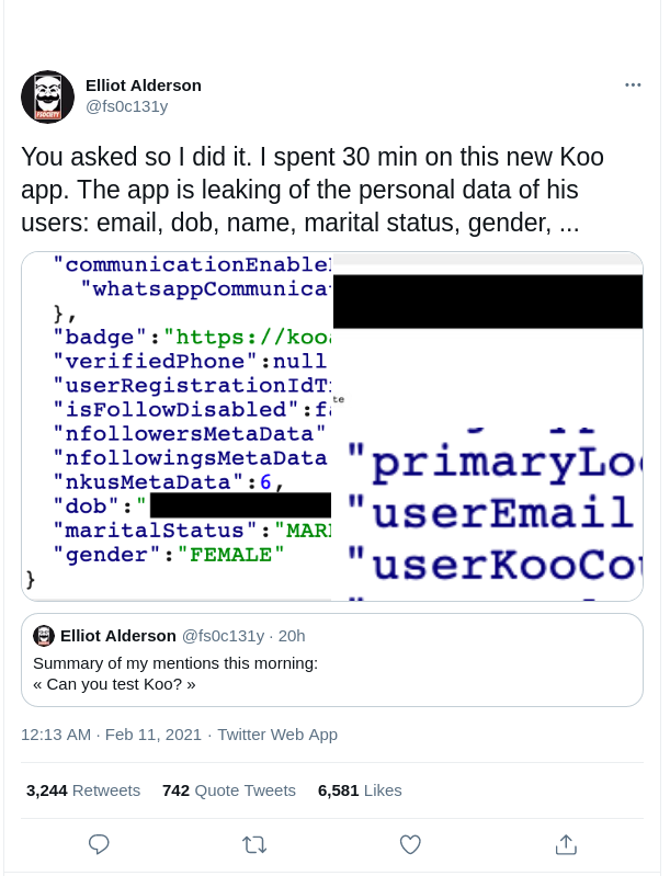 abhas_rewcie's tweet photo. [Thread]

This guy, called @fs0c131y just posted a screenshot claiming that he found a vulnerability that this app (Koo) is leaking personal data of the users and is unsafe for use. Here is the #factcheck of his claim. https://t.co/MomfA9jYuq