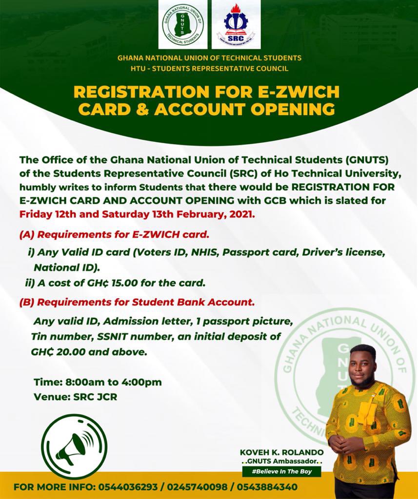 HTUSRC_'s tweet photo. The Office of the GNUTS Local Rep. HTU humbly informs the students populace about the collection and filling of the E-Zwich form which is currently available at the GNUTS Office. Interested student should kindly visit the GNUTS office to fill the forms. https://t.co/KTSUUKskqt