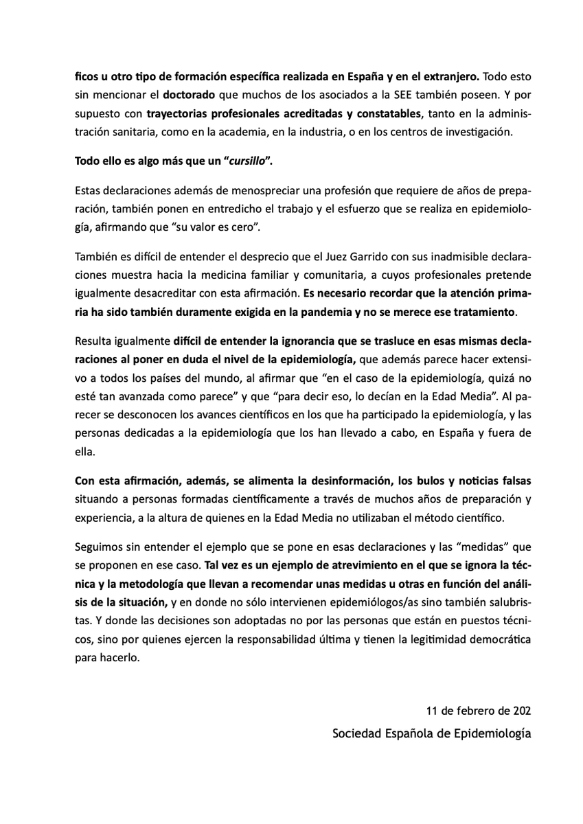 En <a href="/seepidemiologia/">SEE</a> rechazamos las desafortunadas e inadmisibles declaraciones del Juez Garrido en las que dice que un epidemiólogo es un médico de cabecera que ha hecho un cursillo.  Pedimos una rectificación. 

📋Mostramos comunicado y abrimos hilo👇 
bit.ly/3qbrZOd