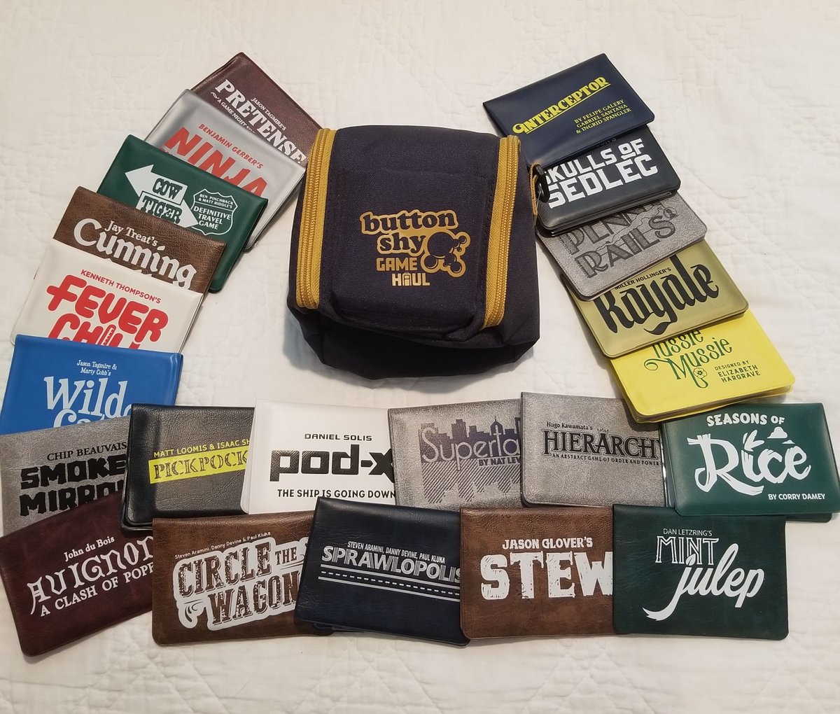 Esprix's tweet image. I may have a problem.  Or not.  Either way, don't care.  (Looking forward to get #23, Agropolis!)  @jtagmire @buttonshy #ButtonShyGames #gaming #walletgames