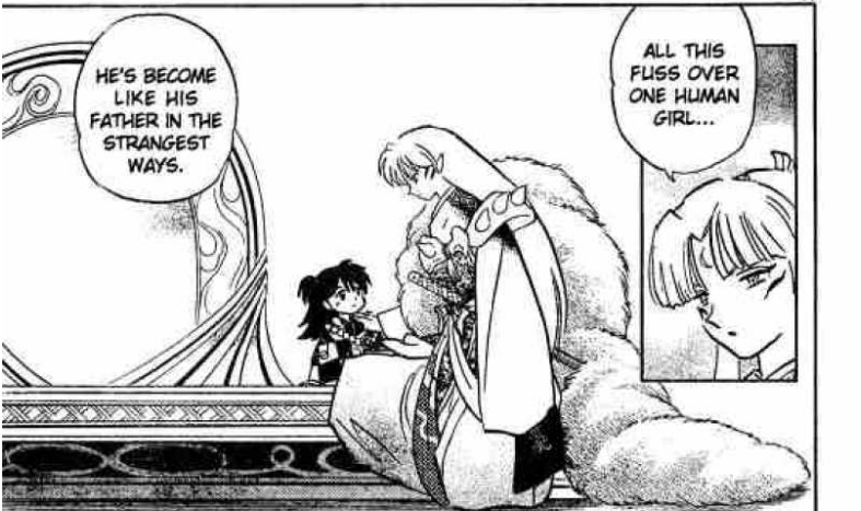 She also states that Sesshomaru lacks any charm in the Inuyasha manga Chapters 466-471. She also notes in both the odd feelings towards humans that her son has inherited from his father. Her reactions are slightly different in the manga and anime. (+)