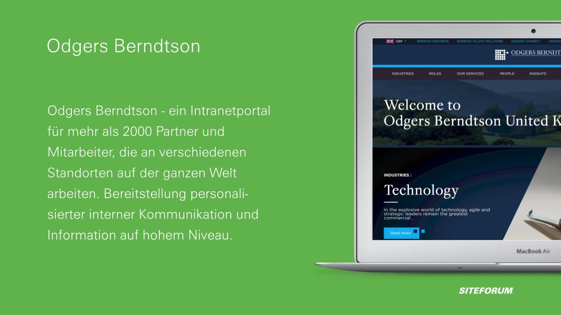 Odgers Berndtson - ein Intranetportal für mehr als 2000 Partner und Mitarbeiter, die an verschiedenen Standorten auf der ganzen Welt arbeiten. Bereitstellung personalisierter interner Kommunikation und Information auf hohem Niveau. 
#Odgers #UseCase #Intranet #ManagedCloud