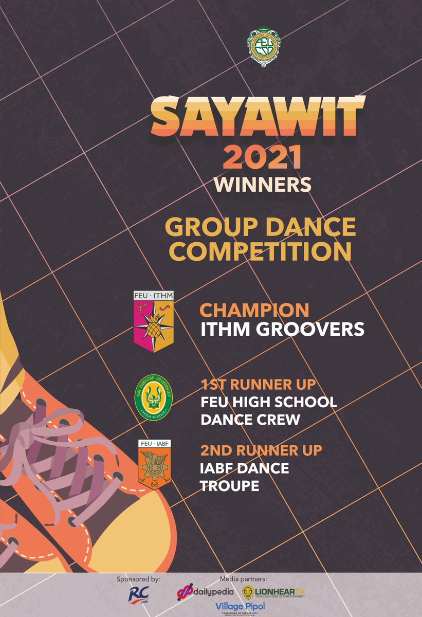 FEU_CSO's tweet photo. It's a wrap! Congratulations to our #FEUSayawit2021 winners!

Battle of the Bands
Champion: IAS Sessionistas
1RU: IABF Powerband
2RU: FEU High School Music Society

Group Dance Competition
Champion: ITHM Groovers
1RU: FEU High School Dance Crew
2RU: IABF Dance Troupe

#FEU93 https://t.co/XKh24BcfSi