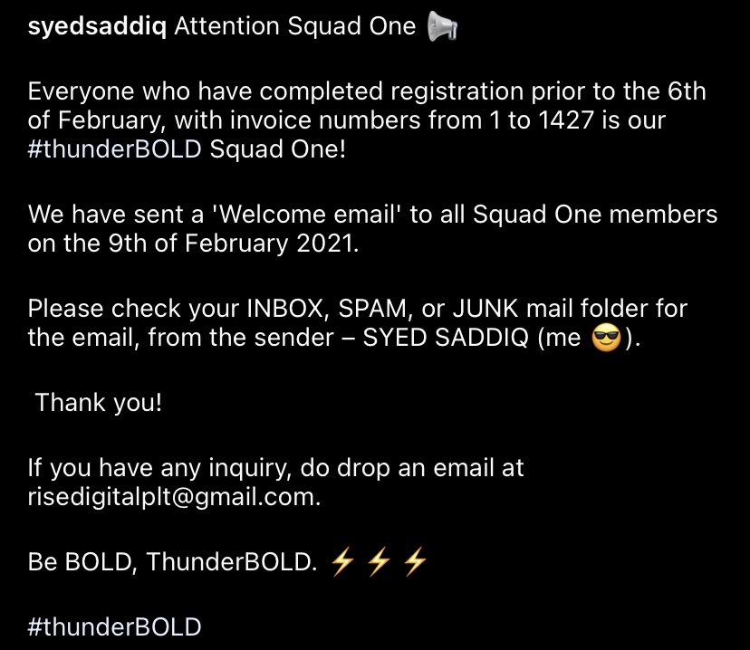 SyedSaddiq's tweet image. Attention Squad One 📢

Everyone who have completed registration prior to the 6th of February, with invoice numbers from 1 to 1427 is our #thunderBOLD Squad One!

If you have any inquiry, do drop an email at risedigitalplt@gmail.com.

Be BOLD, ThunderBOLD. ⚡️⚡️⚡️

#thunderBOLD