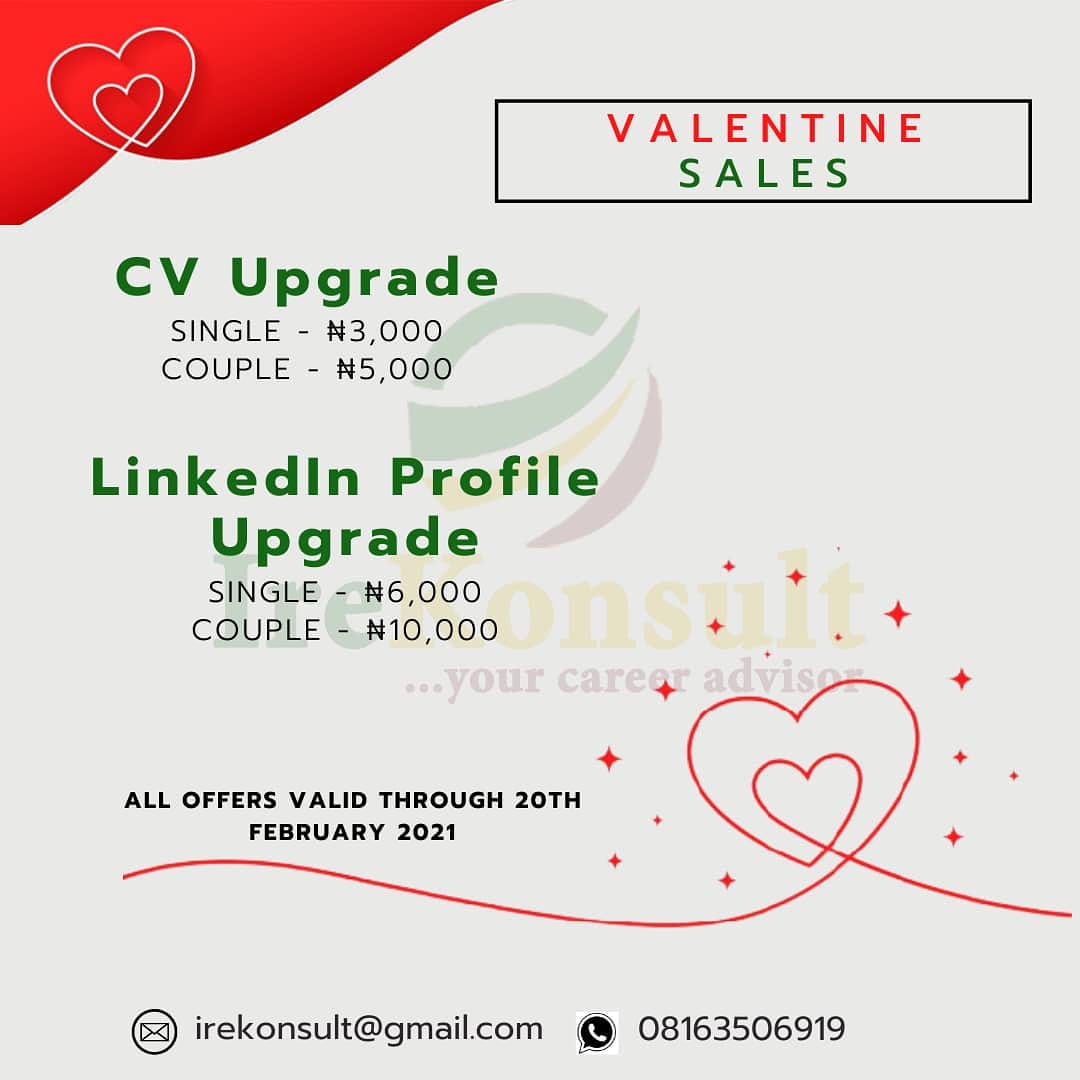_irekonsult's tweet photo. Relationship is meant to be a ground for uplifting each other in every aspect including career. 
IRE offers you special Valentine Sales that lasts through to 20th of February 2021.

#valentine #valentineday #valentinegift #love #cv #sales #promo #promotion #linkedin #career https://t.co/g8Y5fohpRt