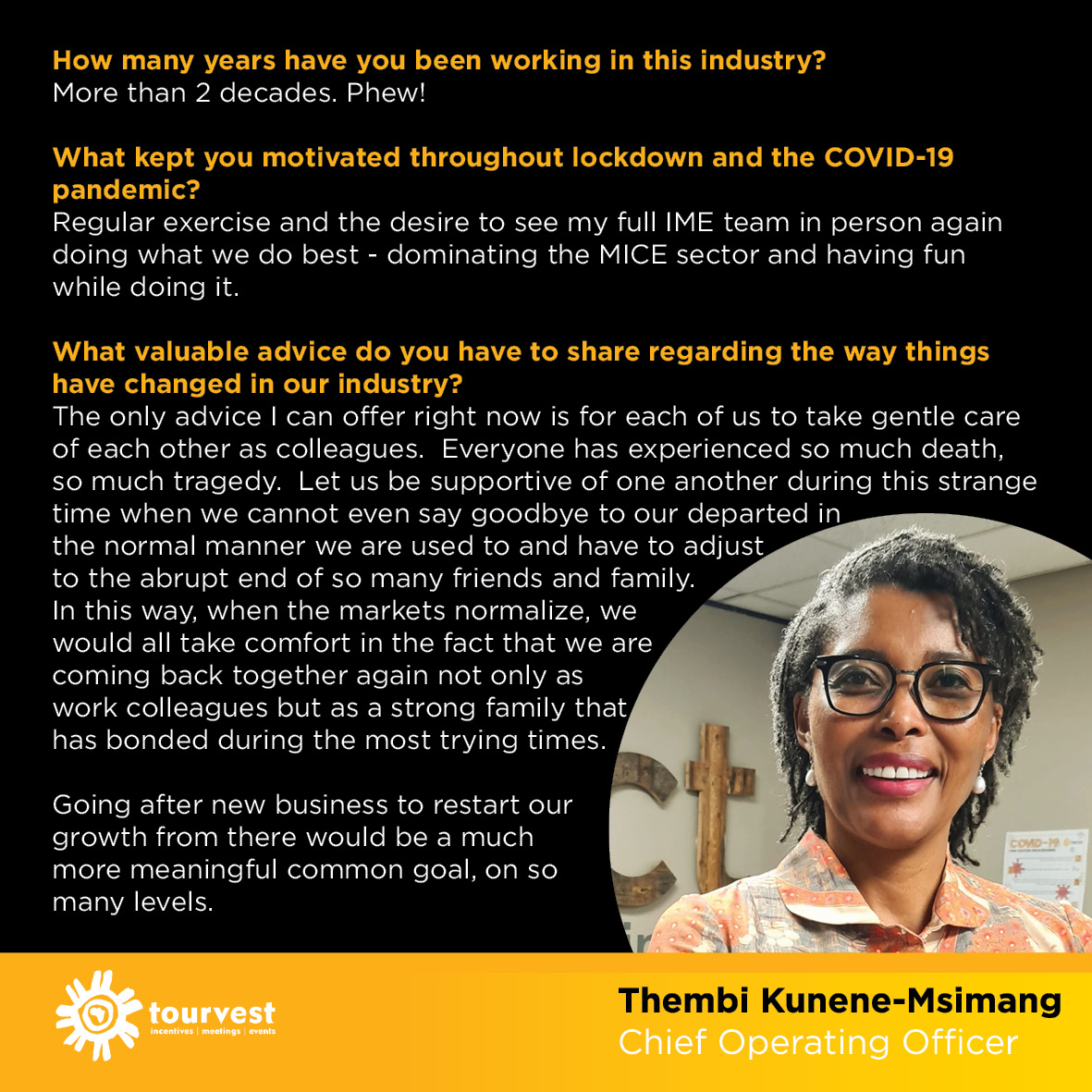 MEET OUR TEAM: Our COO Thembi Kunene-Msimang

Thembi’s leadership and guidance through these rough and uncertain times has been nothing but extraordinary.
