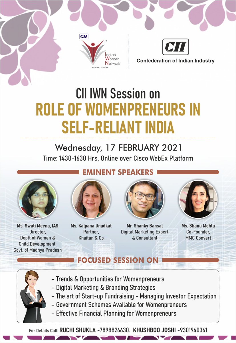 Another effort of <a href="/CII_IWN/">CII Indian Women Network</a>  #MadhyaPradesh  to provide Learning,Networking,Marketing &amp; Financial planning opportunity to #womenpreneurs for amplifying their contribution in #SelfReliantIndia! Join Now:
ciionline.webex.com/ciionline/onst… <a href="/MeenaIAS/">Swati Meena Naik</a> <a href="/MWCD/">Muskingum Watershed Conservancy District</a> <a href="/CIIEvents/">CII Live</a> <a href="/mp_wcdmp/">Women & Child Development Department, MP</a> <a href="/MP_MyGov/">MP MyGov</a> #CII4WR
