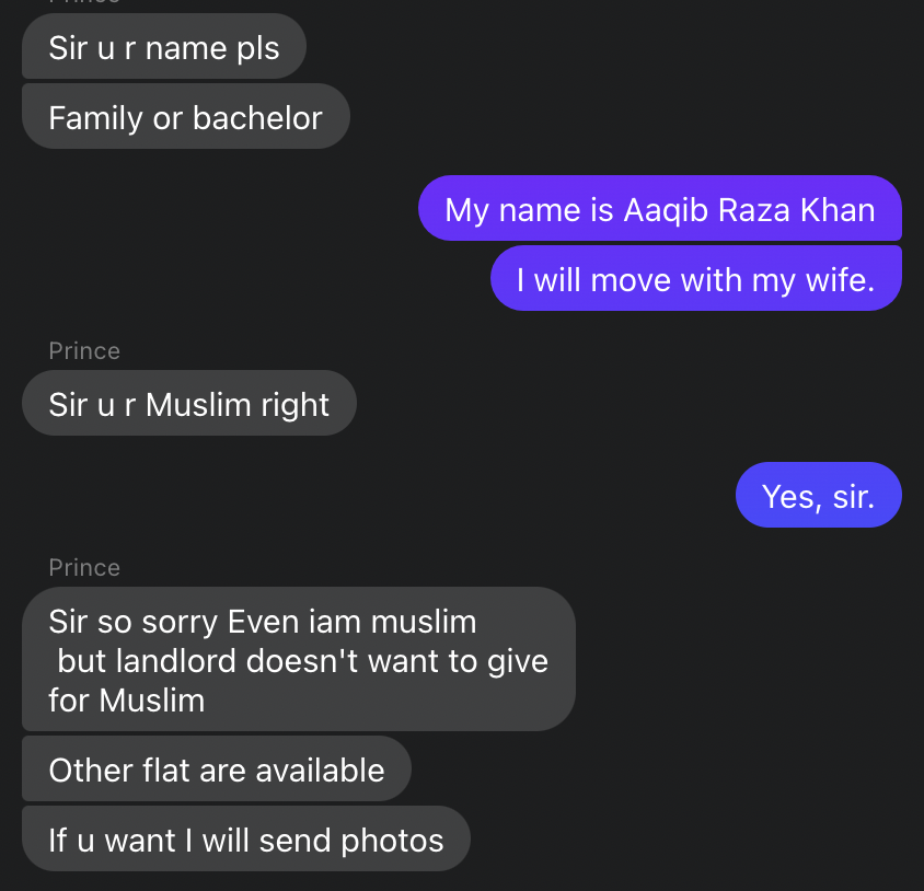 aaqibrk's tweet image. Finding a house is difficult if you belong to "particular community", a property agent told me very casually.

I – someone who was venturing out of his own house – for the first time in life, was bracing for the reality of the realty scene to hit me. And then it did.

3 examples: