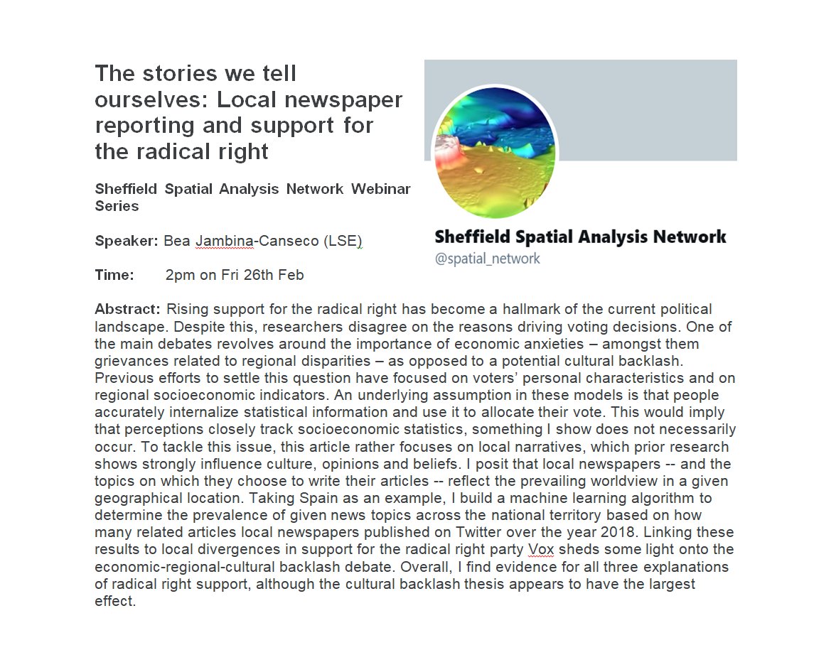 Join us on 26th Feb 2pm to hear Bea Jambina-Canseco's (LSE) exciting research on 'The stories we tell ourselves: Local newspaper reporting and support for the radical right' 

Register for the Spatial Analysis Network: forms.gle/98vTjHwHcKbVf9… 

@U_Inequalities @shefmethods