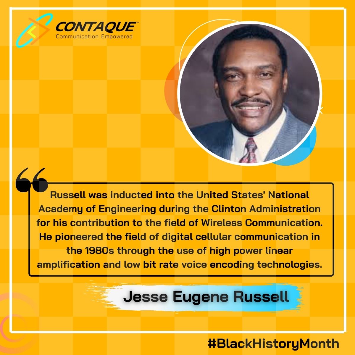 contaque1's tweet photo. #ThursdayThoughts #BlackHistoryMonth

Jesse Eugene Russell was trained as an electrical engineer worked in the field of #wirelesscommunication for over 20 years. He created the concept for the wireless digital phone and communication in the 1980s.

#Contaque #cloudcontactcenter https://t.co/Eb7DwLHQiw