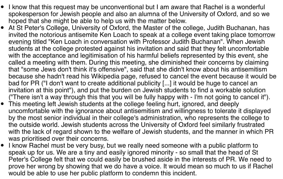 I feel a bit sick I only got this plea for help from Jewish students  @SPC_Oxford after the Ken Loach event happened.I’ve made my views on Loach known before. Oxford colleges are homes for students, I certainly wouldn’t have wanted him in mine. https://cherwell.org/2021/02/09/ken-loach-responses/