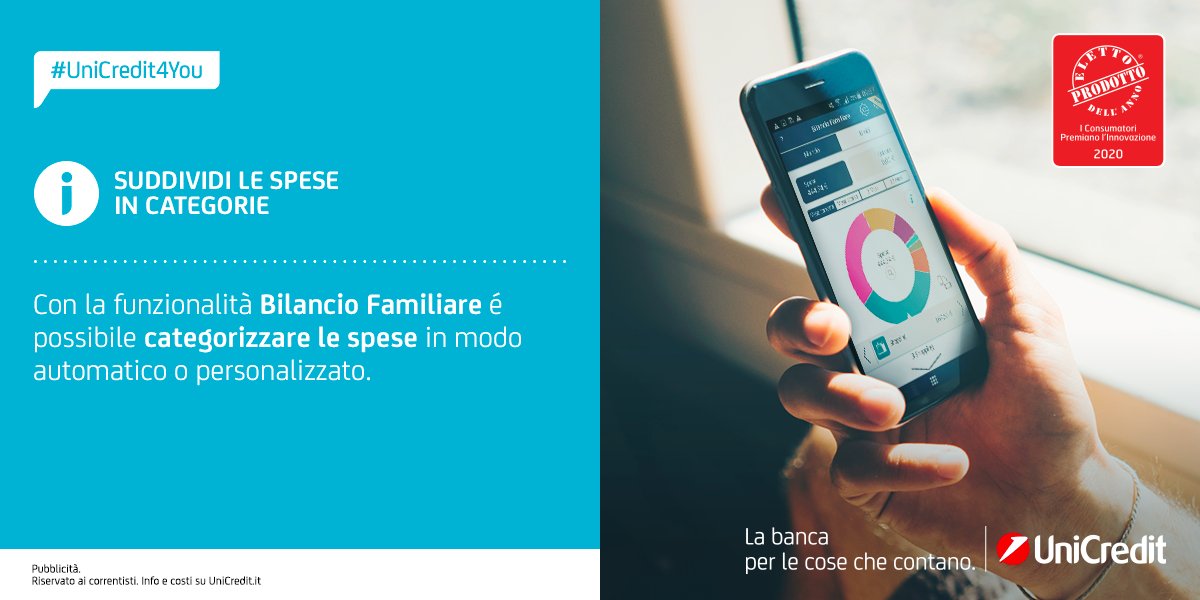 UniCredit_IT's tweet photo. #UniCredit4You: con Bilancio Familiare dell'#AppMobileBanking hai una suddivisione automatica o personalizzata delle spese in categorie! Scopri la funzionalità: https://t.co/dHxjMDNmDi. https://t.co/sWyDF8R5Sw