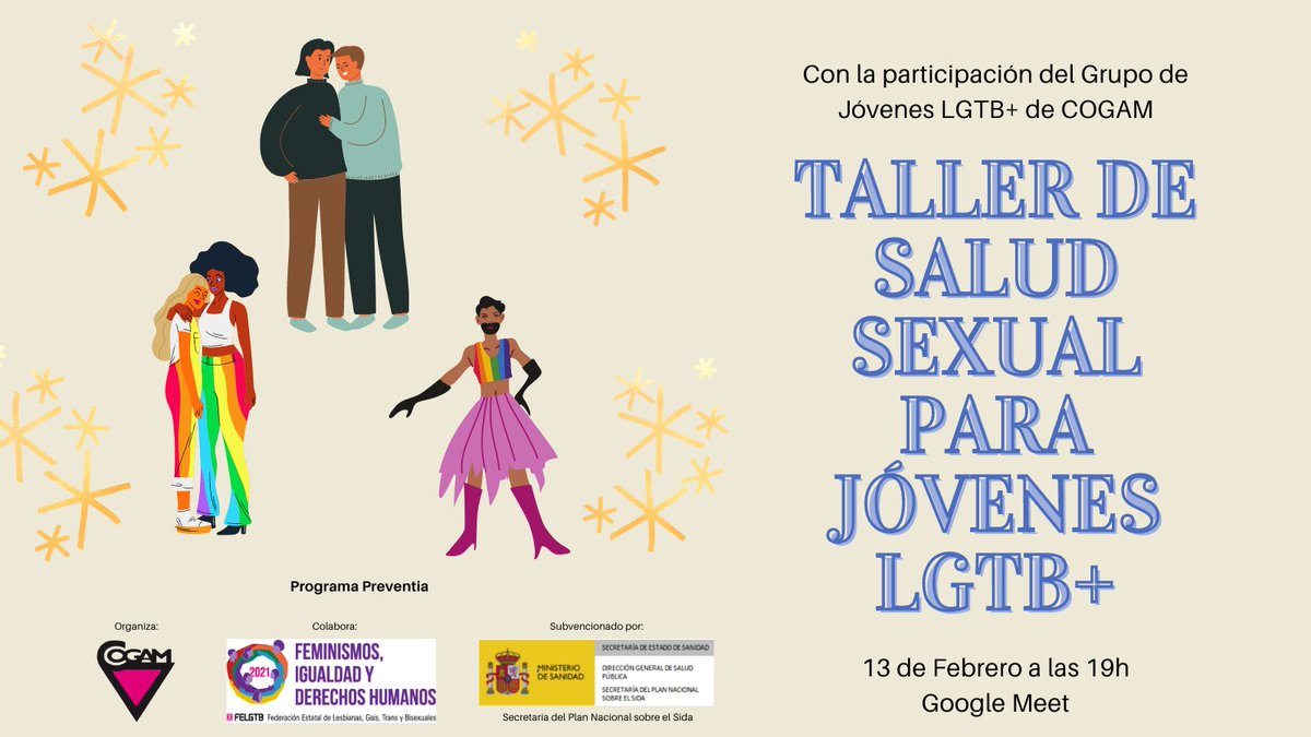 Último día para inscribirse en el Taller de Salud Sexual para Jóvenes LGTB+ con la participación de <a href="/Jovenes_COGAM/">Jóvenes COGAM</a> 

🕰️🗓️: 13 de febrero, sábado, a las 19h, Google Meet

Inscripciones en: docs.google.com/forms/d/e/1FAI…

Dudas 👉: convihviendo@cogam.es / 91 522 45 17

@FELGTB <a href="/COGAM/">COGAM</a>