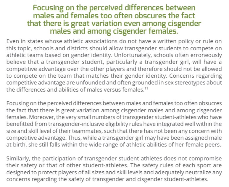 It says that female-only sports teams are sexist, boys who identify as girls are inherently “within the wide range” of female athletic ability, and that there are zero safety concerns for mixed-sex contact sports.