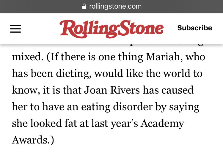 Joan Rivers body-shamed Mariah Carey publicly and that caused Mariah to develop an eating disorder
