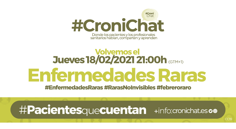 🚨 Apunta la cita en tu agenda!!!

Volveremos a vernos el próximo jueves 18 de febrero en un nuevo #CroniChat especial #EnfermedadesRaras #FebreroRaro #RarasNoinvisibles 

Organiza #Pacientesquecuentan