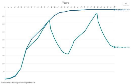 First, we looked at what type of woodland provides the biggest bang for our climate buckComparing 1ha of broadleaves and 1ha of Sitka over 100 years, we found that permanent, native woodland sequesters and stores more carbon in the long term Better for nature, and climate too