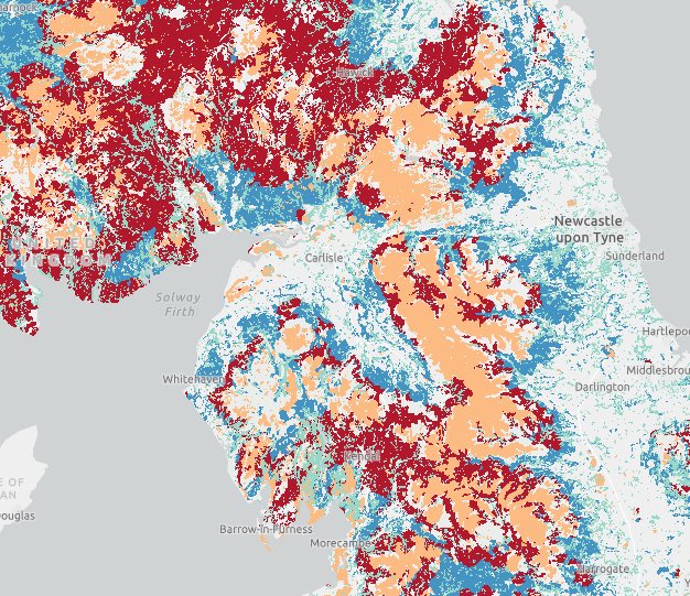 But we know that a lot of the pressure for new woodlands is focused on these higher risk soils, especially in the south of Scotland & north of England These often surround deep peat (orange) - now a no go for trees - as this where a lot of forestry went in the past (dark green)