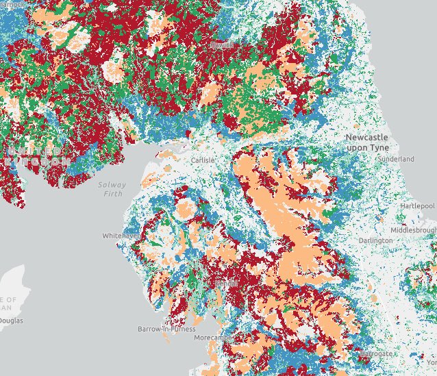 But we know that a lot of the pressure for new woodlands is focused on these higher risk soils, especially in the south of Scotland & north of England These often surround deep peat (orange) - now a no go for trees - as this where a lot of forestry went in the past (dark green)