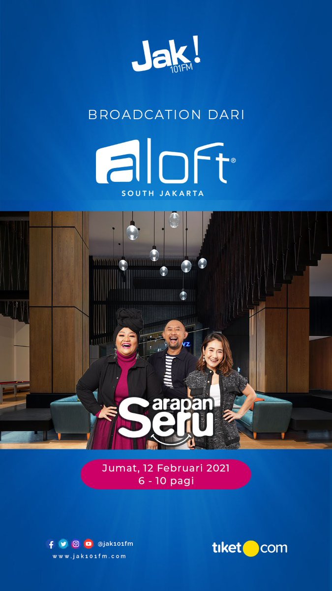 JAK101fm's tweet photo. Besok niiiih...

#SarapanSeru #BroadCation, siaran dari Hotel Aloft South Jakarta.

Ada yang mau staycation gratis di Aloft Hotel South Jakarta juga ga niiih? https://t.co/1hs7KkgGgP