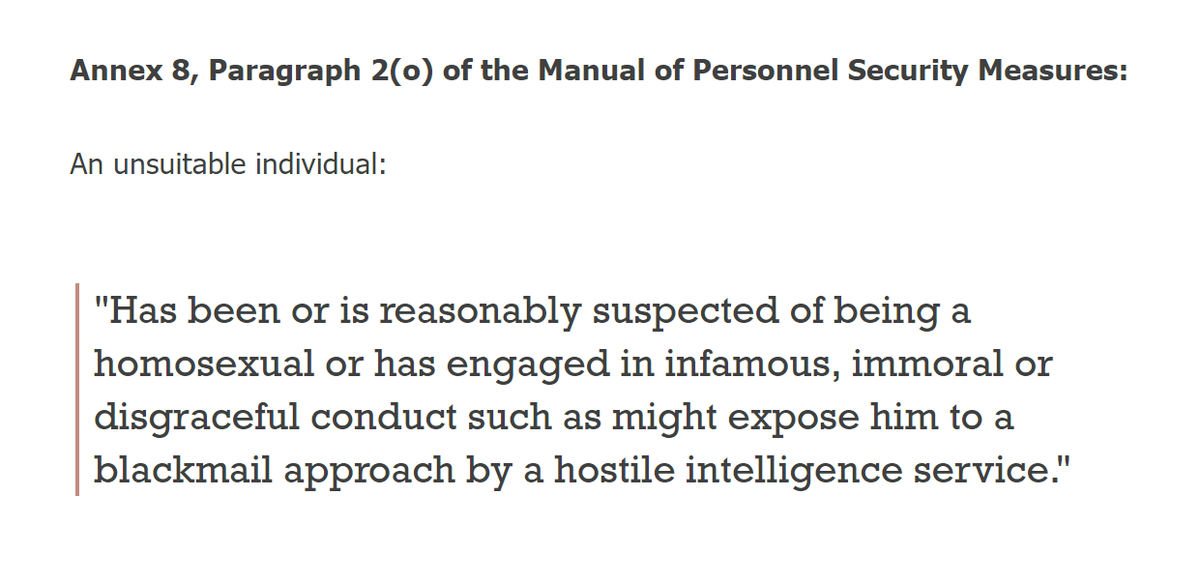 Prior to decriminalisation in 1967, internal guidance stated that gay men were not permitted to work as diplomats due to the risk of blackmail by a hostile intelligence service. It was the closest the FCO came to an official “line” on homosexuality.  #SafetoBeMe in Diplomacy