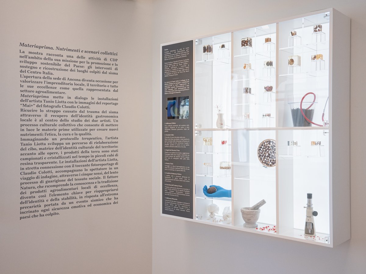 GruppoCDP's tweet photo. #davedere: all'interno di #CDPAncona è stata allestita l’esposizione “Materia prima. Nutrimenti e scenari collettivi”. Con le installazioni di #TanioLiotta e foto di #ClaudioColotti si raccontano gli interventi di CDP nei Comuni colpiti dal #sismaCentroItalia del 2016. https://t.co/E44Ksqq6Ji