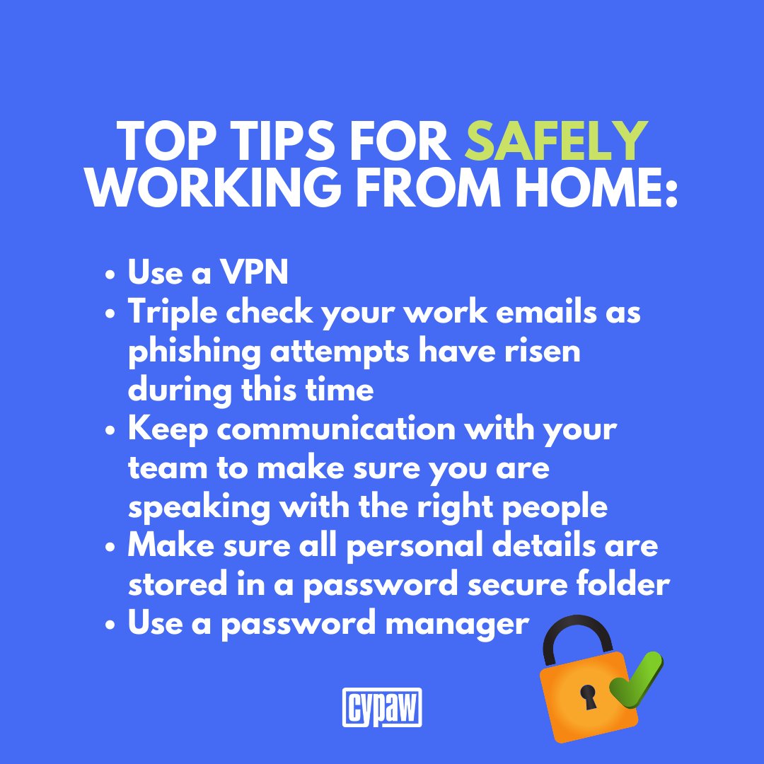 Here are some of our top tips for working from home!
You can join our app for free beta here: cypaw.com 🙌
Who's been working from home during this time?🤔

#cybersecurity #covid #infosec #cybercrime #coronavirus #workfromhome #wfh #corona #covid19 #phishing #apps