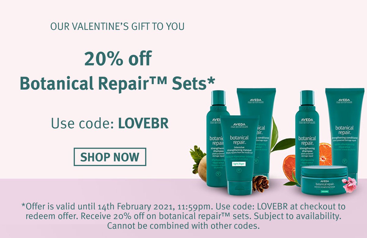 Grab your valentines gift on us and fall back in love with your hair! Botanical repair is being dubbed 'Natures Olaplex' and transforms your locks back to health, shine and thickness Visit aveda.co.uk and claim yours before valentines day