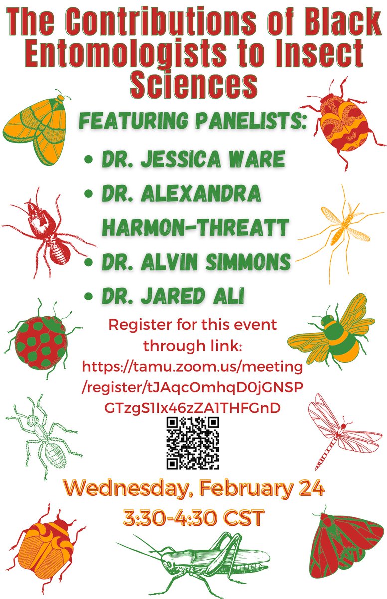 We are so excited for all of the panels in #BlackInEnto week! One cross-over event is happening on Wednesday February 24 at 4:30 PM EST, organized by <a href="/tamuentomology/">Texas A&M Entomology</a> <a href="/jaclynemartin/">Jaclyn</a> and featuring #BlackInEnto team members @theHTlab  @JessicaLWareLab and Dr. Alvin Simmons!
