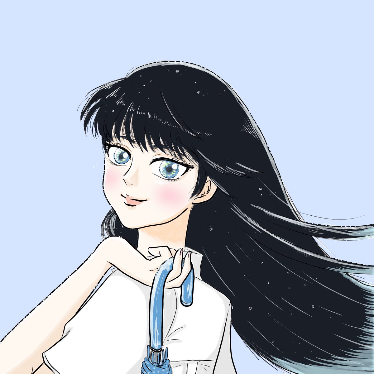 1girl solo black hair long hair shirt white shirt blue eyes  illustration images