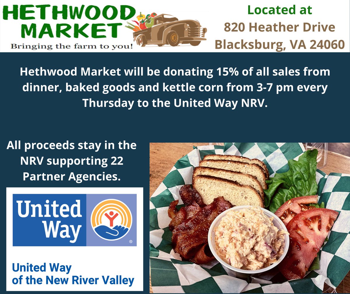 Be sure to visit #HethwoodMarket in Blacksburg Thursday evening from 3-7p! 15% of sales from dinner, baked goods, and kettle corn will be donated to #UnitedWayNRV