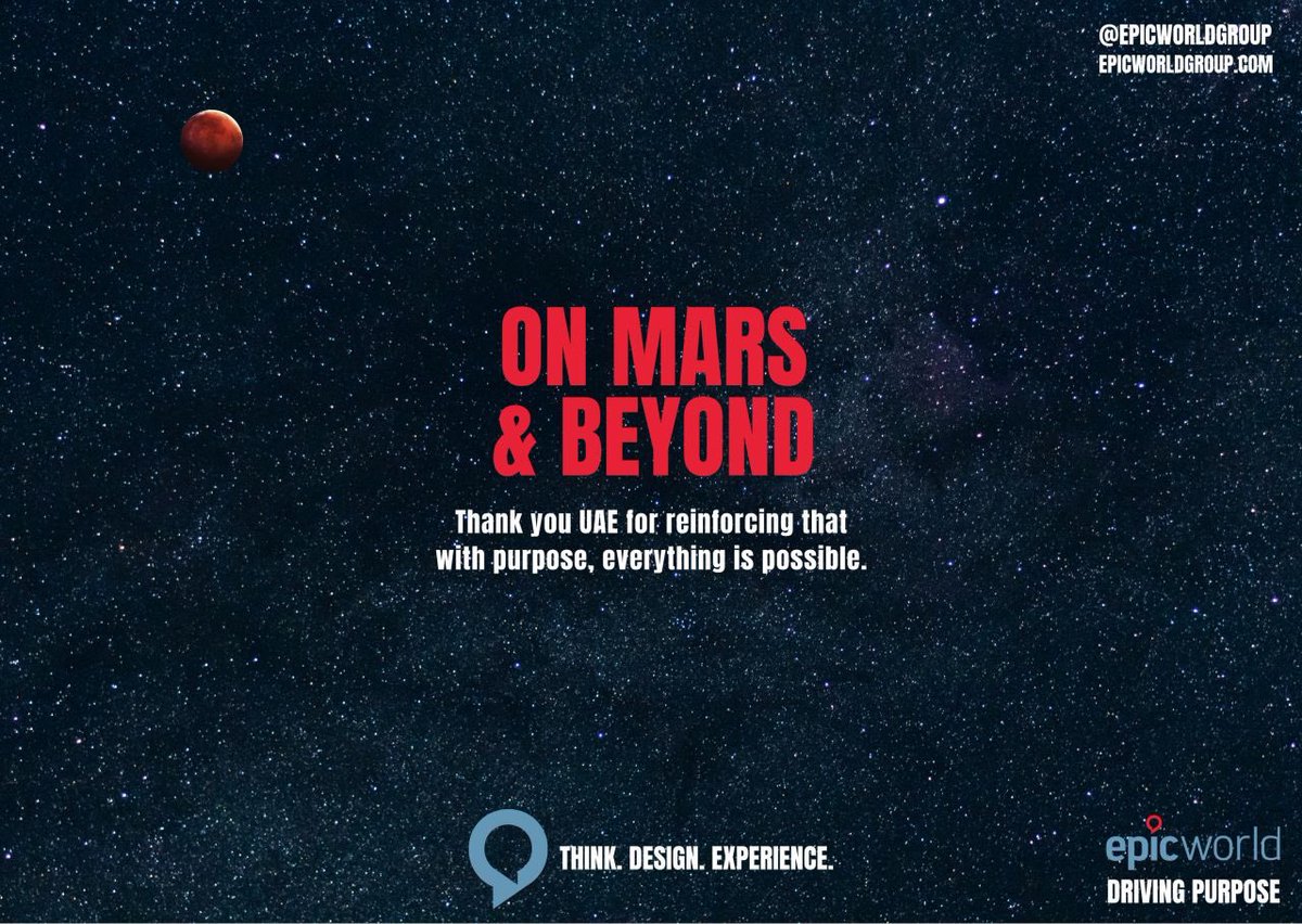 EpicWorldGroup's tweet photo. Who says sky is the limit? 
#HopeProbe mission was not just entering the Mars orbit. That is the end result. 
#HopeProbe has a larger purpose of inspiring the Arab world to rediscover the magic of science and space. 
#Purpose https://t.co/jSybpejUyL