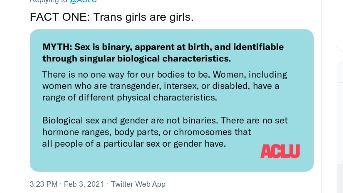 The ACLU needs to be asked directly if, *ideally* there should be Men's & Women's categories, since they claim that sex is not binary, and sex is not identifiable.If they support having Men's & Women's categories, they need to be pressed for their "why" and "how".