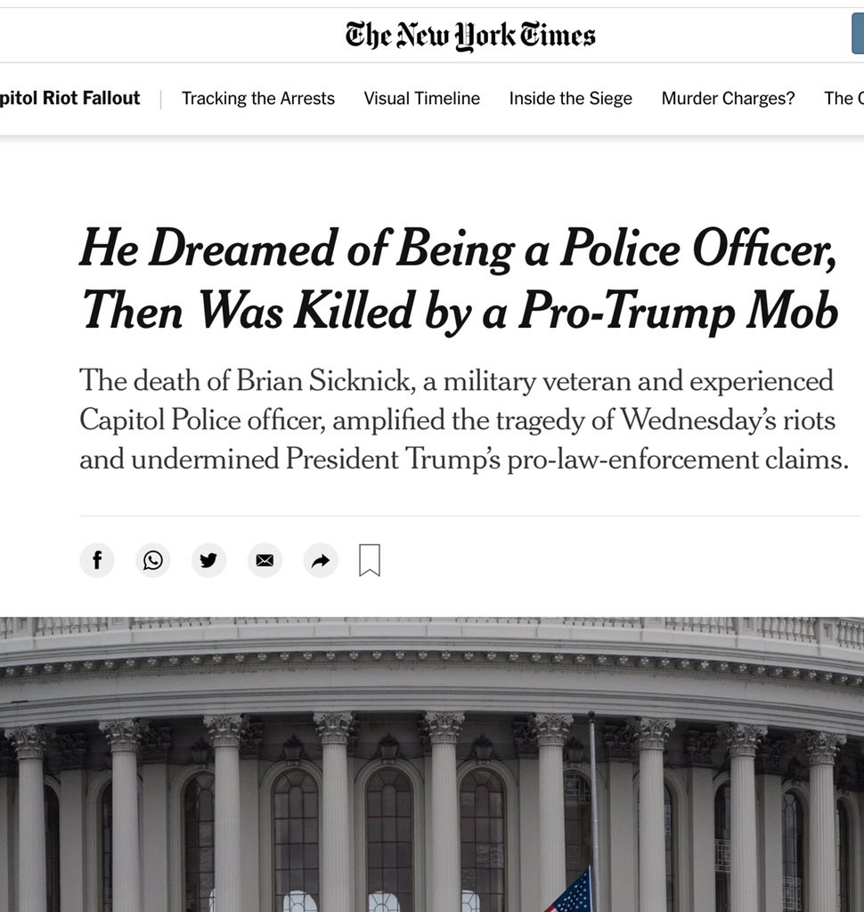 This big story published by the NYT about Sicknick’s death is simply false. The headline itself may be false, but the key events it purports to describe never happened. This caused virtually the media to spend a full month repeating this as fact. https://www.nytimes.com/2021/01/08/us/politics/police-officer-killed-capitol.html