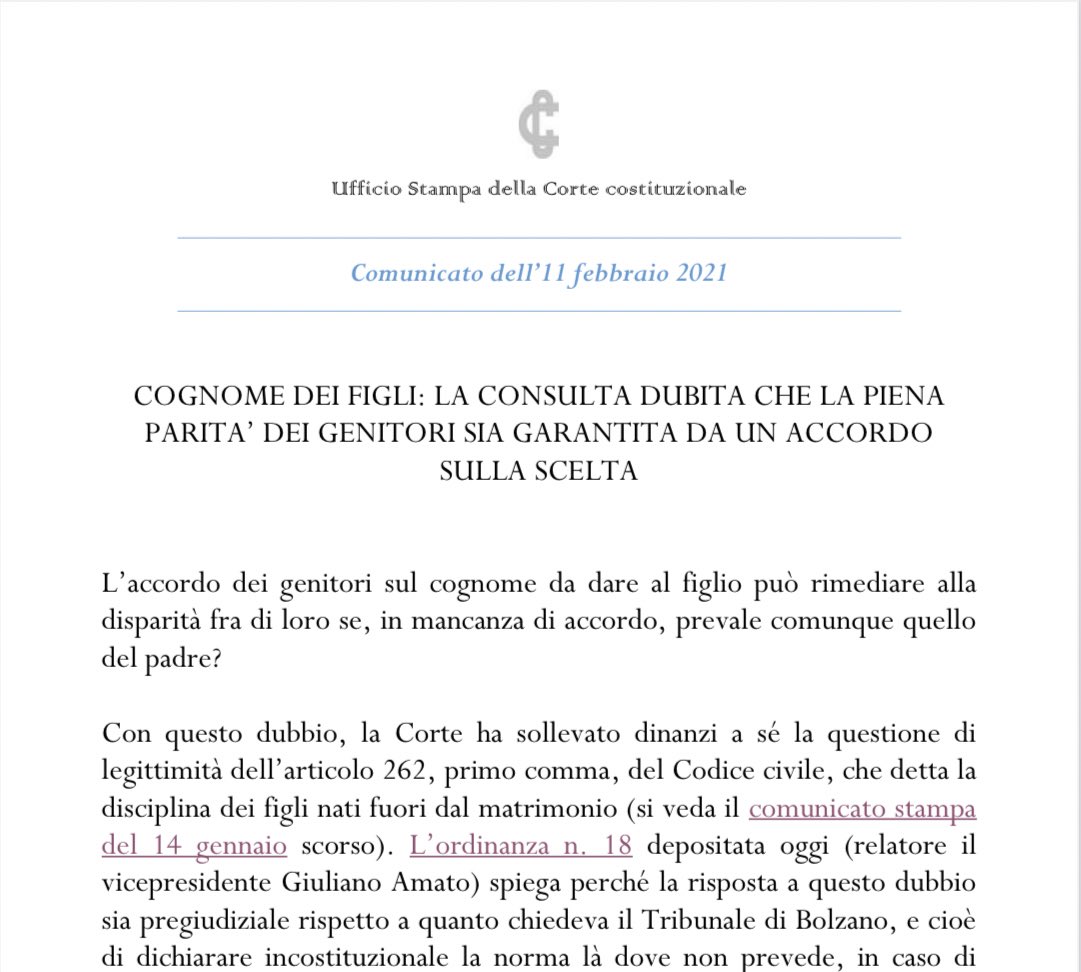 Cognome dei figli: la Consulta dubita che la piena parità dei genitori sia garantita da un accordo sulla scelta.

cortecostituzionale.it/documenti/comu…

#Comunicato #Cortecostituzionale