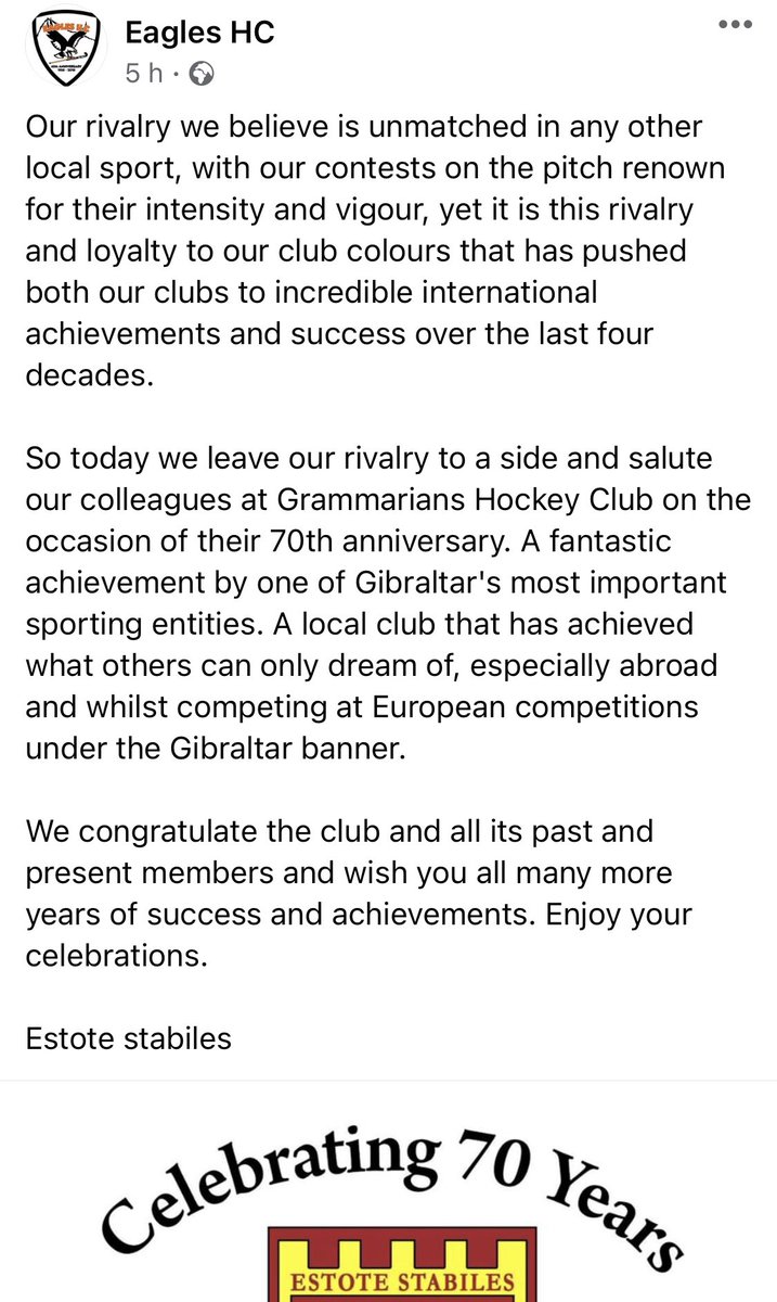 GibChronSports's tweet photo. Sportsmanlike tribute between rivals as Eagles HC put rivalry to one side and give tribute to Grammarians HC on their 70th anniversary https://t.co/P7jb9pEq2h