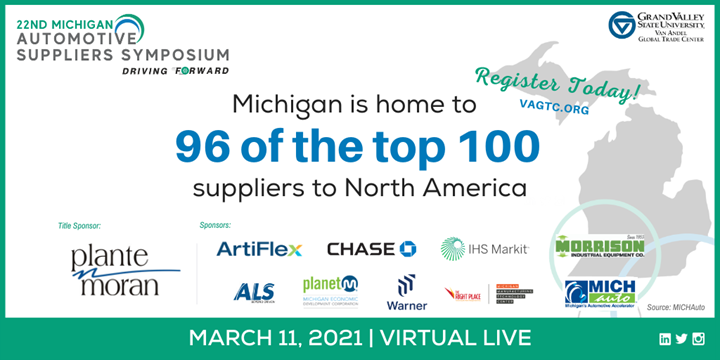 MichAuto's tweet photo. MICHauto is a proud sponsor of the 22nd #MiAuto Suppliers Symposium: Driving Forward! Join us virtually March 11th! Register today: https://t.co/LOY61kbw06 #Auto #GVSU #MichiganIsAuto https://t.co/lspIZPzJh4