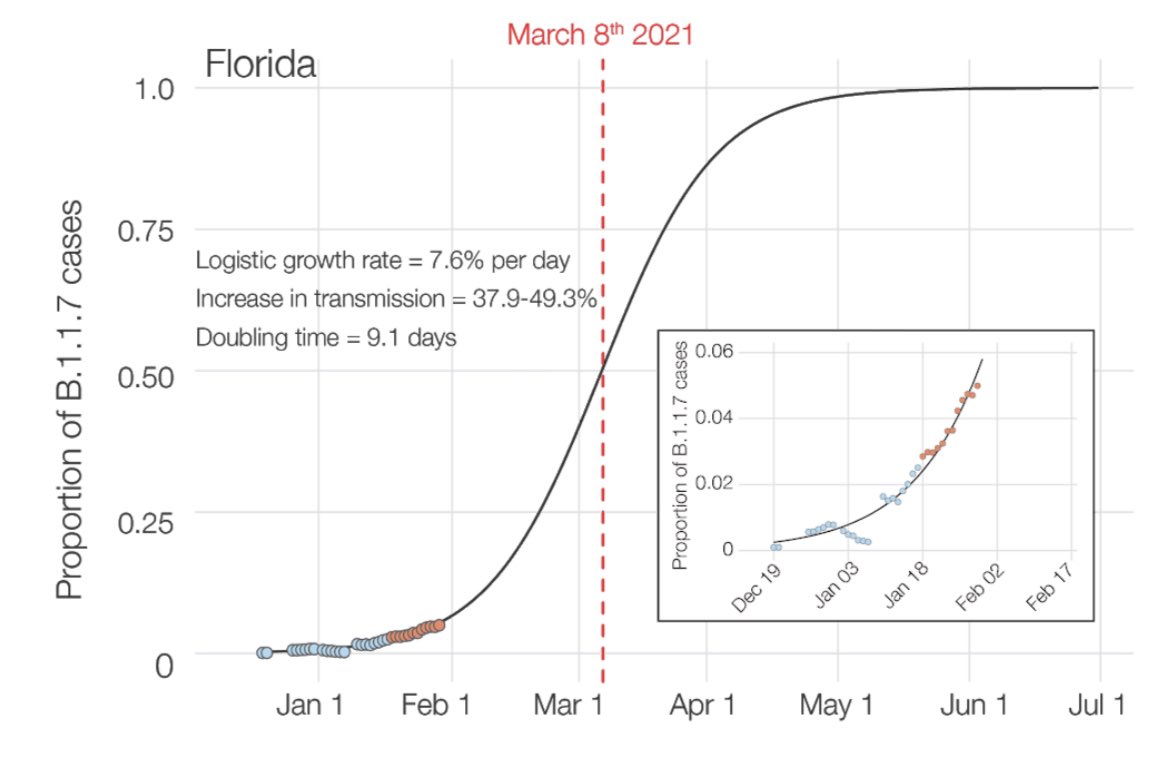 2) Florida on pace for early March when  #B117 passes >50% & dominant. Study by  @K_G_Andersen put it at ~March 9th, with ~9 day doubling time.  #B117 is 38-49% more transmissible in Florida, but 40-60% more transmissible according to UK  data.