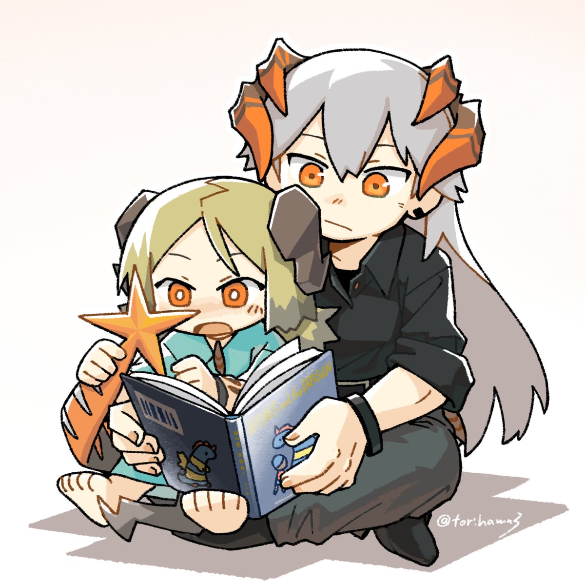 ifrit (arknights) ,saria (arknights) multiple girls horns 2girls shirt tail orange eyes long hair  illustration images