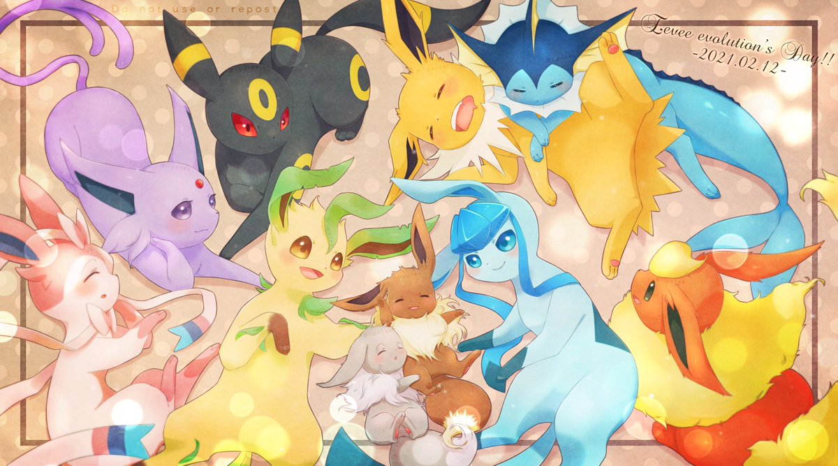 eevee ,espeon ,flareon ,glaceon ,leafeon ,sylveon ,umbreon ,vaporeon pokemon (creature) no humans closed eyes smile open mouth closed mouth purple eyes  illustration images