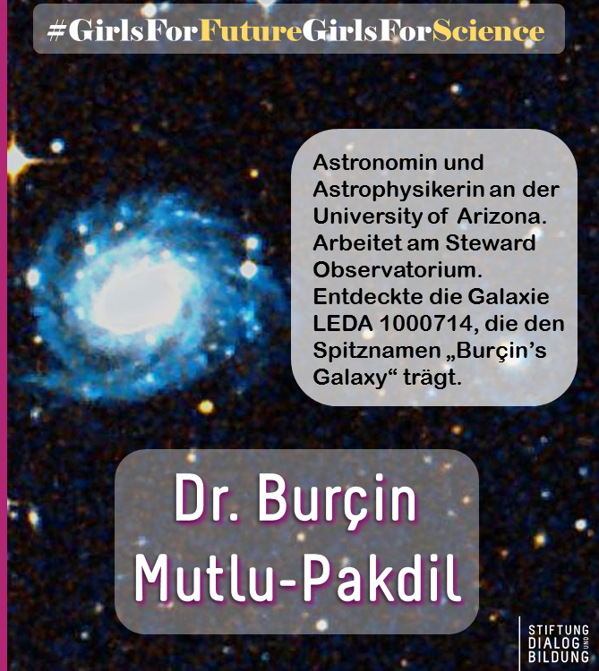 StiftungDuB's tweet photo. Dr. Burçin Mutlu-Pakdil
Astronomin und Astrophysikerin an der University of Arizona. Arbeitet am Steward Observatorium. Entdeckte die Galaxie LEDA 1000714, die den Spitznamen „Burçin’s Galaxy“ trägt.

#GirlsForFutureGirlsForScience 
#WomenInScience 
#WomenInScienceDay https://t.co/PjWglbJAOb