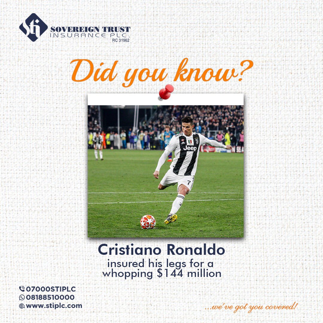 stinigeriaplc's tweet photo. Cristiano Ronaldo insured his money-maker, his legs for $144 million. This is only surpassed by David Beckham’s insurance of his legs and face for $195 million. https://t.co/uKHdJvwjE5