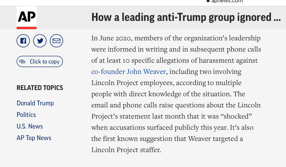 Good  @AP exposé proving what what was already obvious:1)  @ProjectLincoln lied when it denied knowing of complaints about John Weaver’s sexual misconduct;2) It was a massive financial scam to enrich its founders at the expense of gullible liberals. https://apnews.com/article/donald-trump-b14be5f06588b8f1d78125d4141394cb