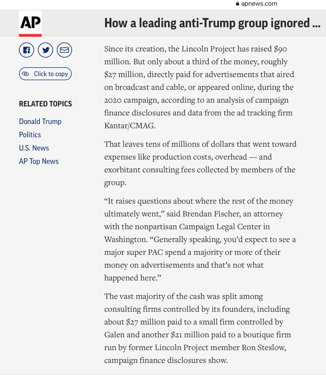 Good  @AP exposé proving what what was already obvious:1)  @ProjectLincoln lied when it denied knowing of complaints about John Weaver’s sexual misconduct;2) It was a massive financial scam to enrich its founders at the expense of gullible liberals. https://apnews.com/article/donald-trump-b14be5f06588b8f1d78125d4141394cb