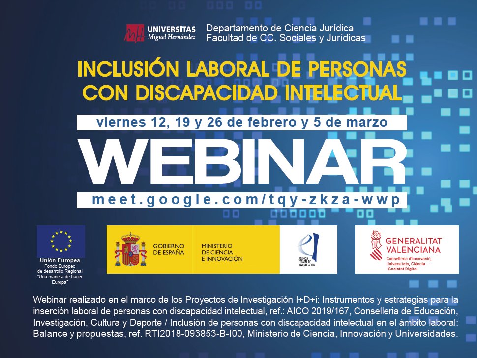 Desde la #UMH se ha organizado el webinar "Inclusión Laboral de Personas con #Discapacidad Intelectual". Esta jornada se centra en las dificultades que presenta el acceso y la permanencia en el empleo para las personas con discapacidad intelectual 💼♿ bit.ly/3pb2mfd