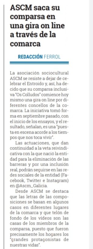 ASCM_Galicia's tweet photo. Hoxe en @diarioferrol fanse eco 🔊 da nosa #Comparsa #Inclusiva ♿🐮 "Os Colludos".
Estade atentxs ás redes👏✅ que comenzamos 😍
#EntroidoVirtual
#EntroidoColludo
#EntroidoNaCasa https://t.co/8oWPM4WqcZ