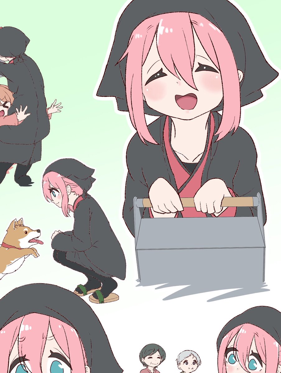 kagamihara nadeshiko dog pink hair multiple girls smile squatting closed eyes open mouth  illustration images