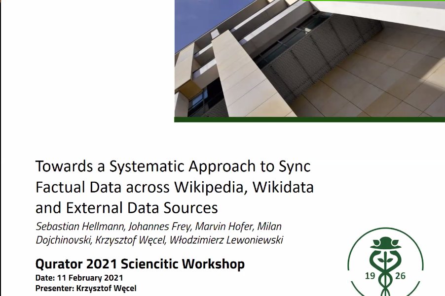 Now on: <a href="/krzysztof_wecel/">Krzysztof Węcel</a> presents 'Towards a Systematic Approach to Sync Factual Data across #Wikipedia, #Wikidata and External Data Sources' at the #Qurator2021 conference. <a href="/DBPedia_pl/">DBPedia Polska</a> #GlobalFactSyncRE #GFS #DBpediaDatabus #dataset